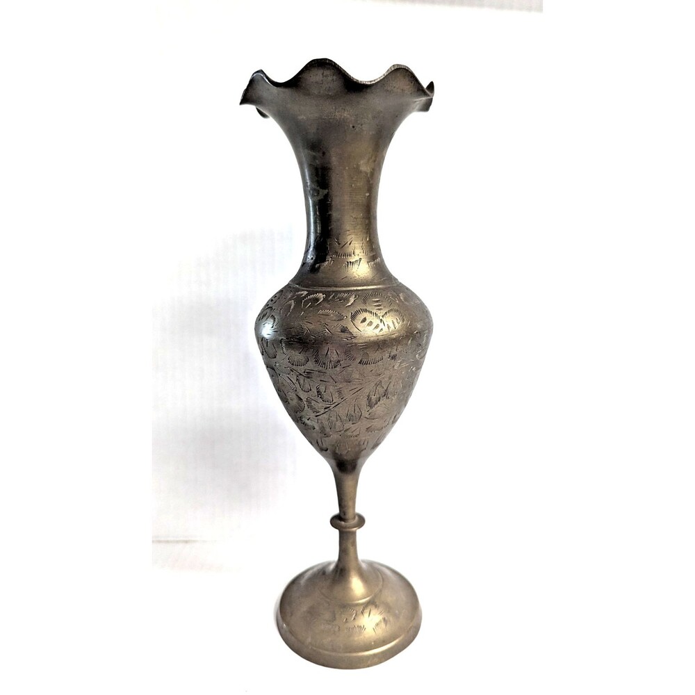Brass Ruffle Top Bud Vase 11-in Etched Design Vintage 1950s India Bohemian Gift